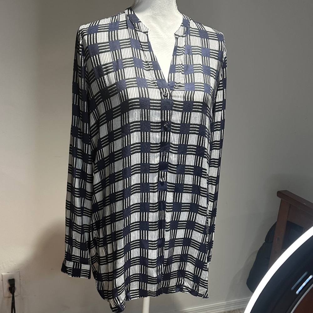 Armani Exchange Navy and White Plaid Blouse